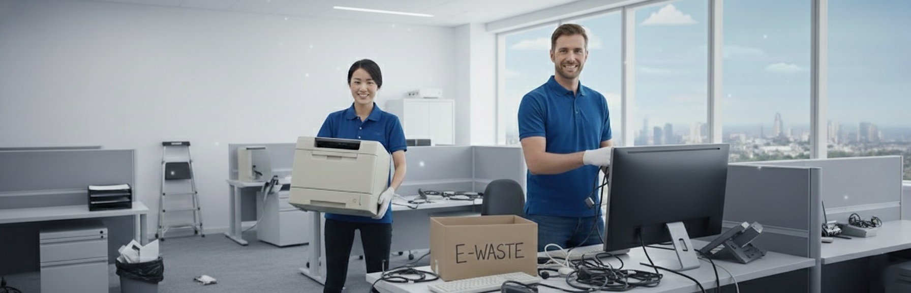 Technicians collecting office e-waste for proper e-waste disposal