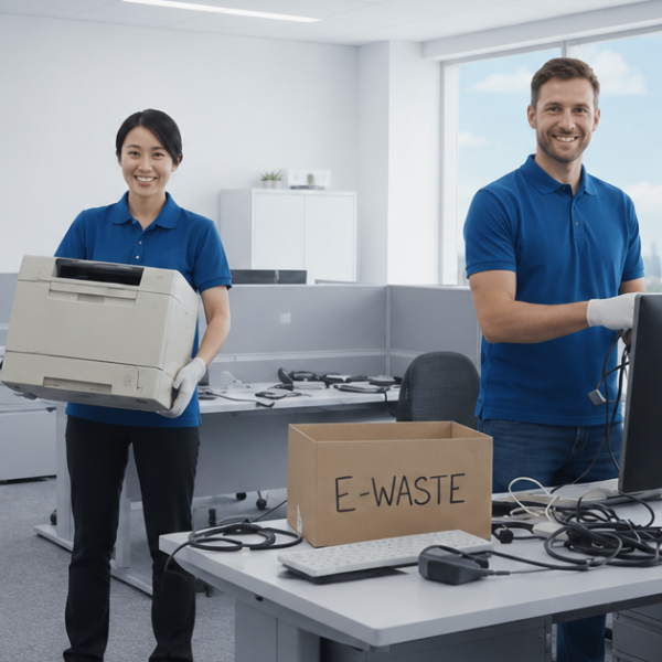 Technicians collecting office e-waste for proper e-waste disposal